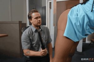 Hot ebony Kira Noir checked by security officer